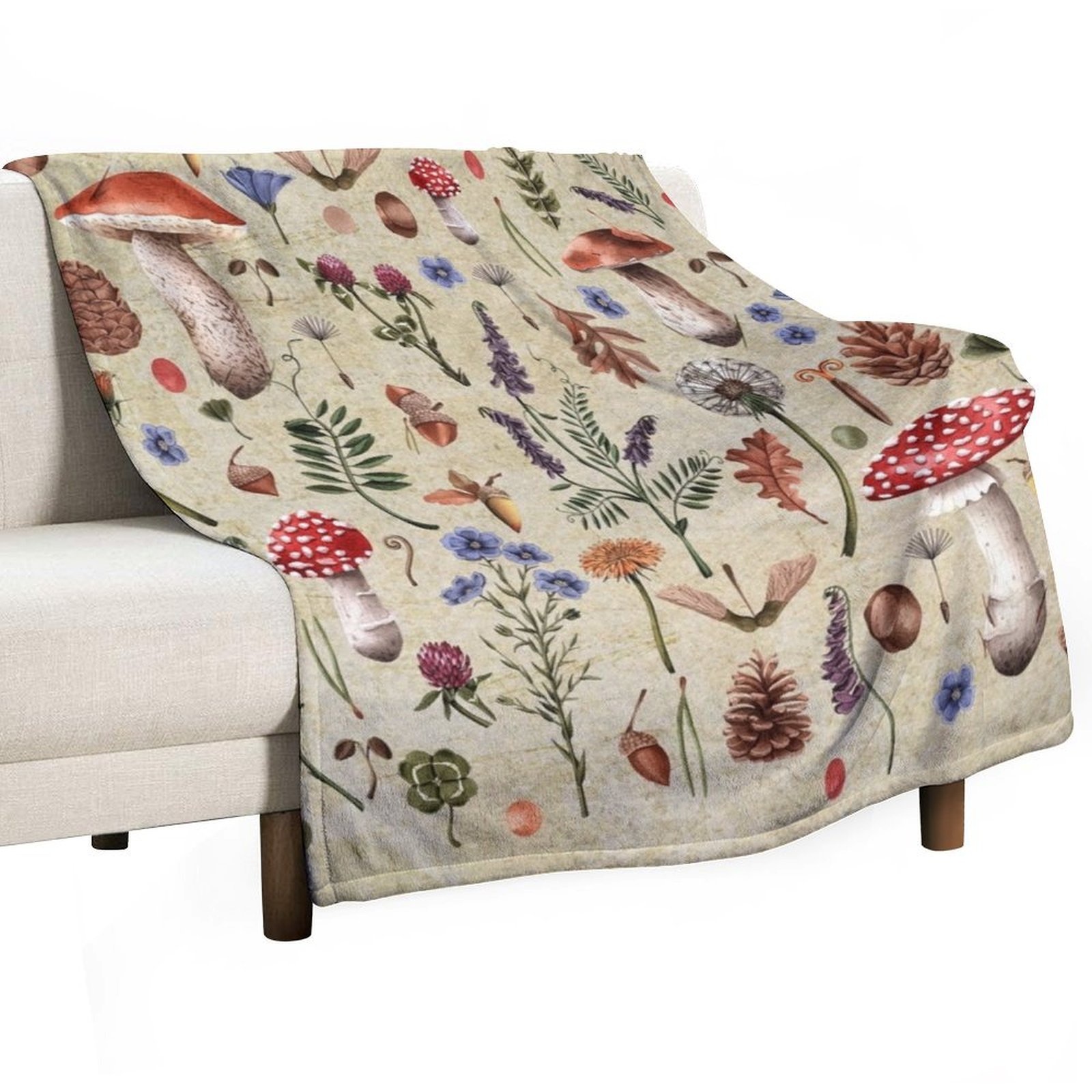 Neutral Throw Blanket - Hongos botánicos retro, flores silvestres d?