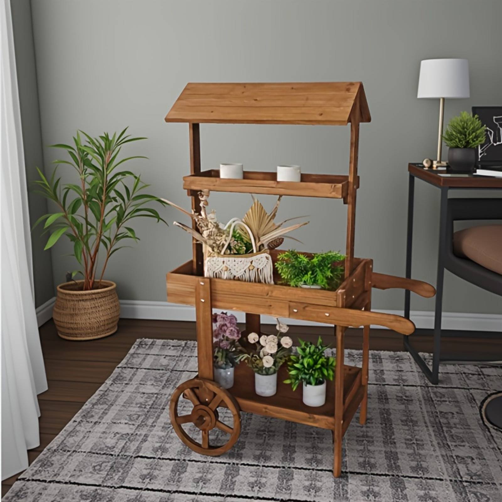 Home Decor Flowers - Carrito de flores de madera con