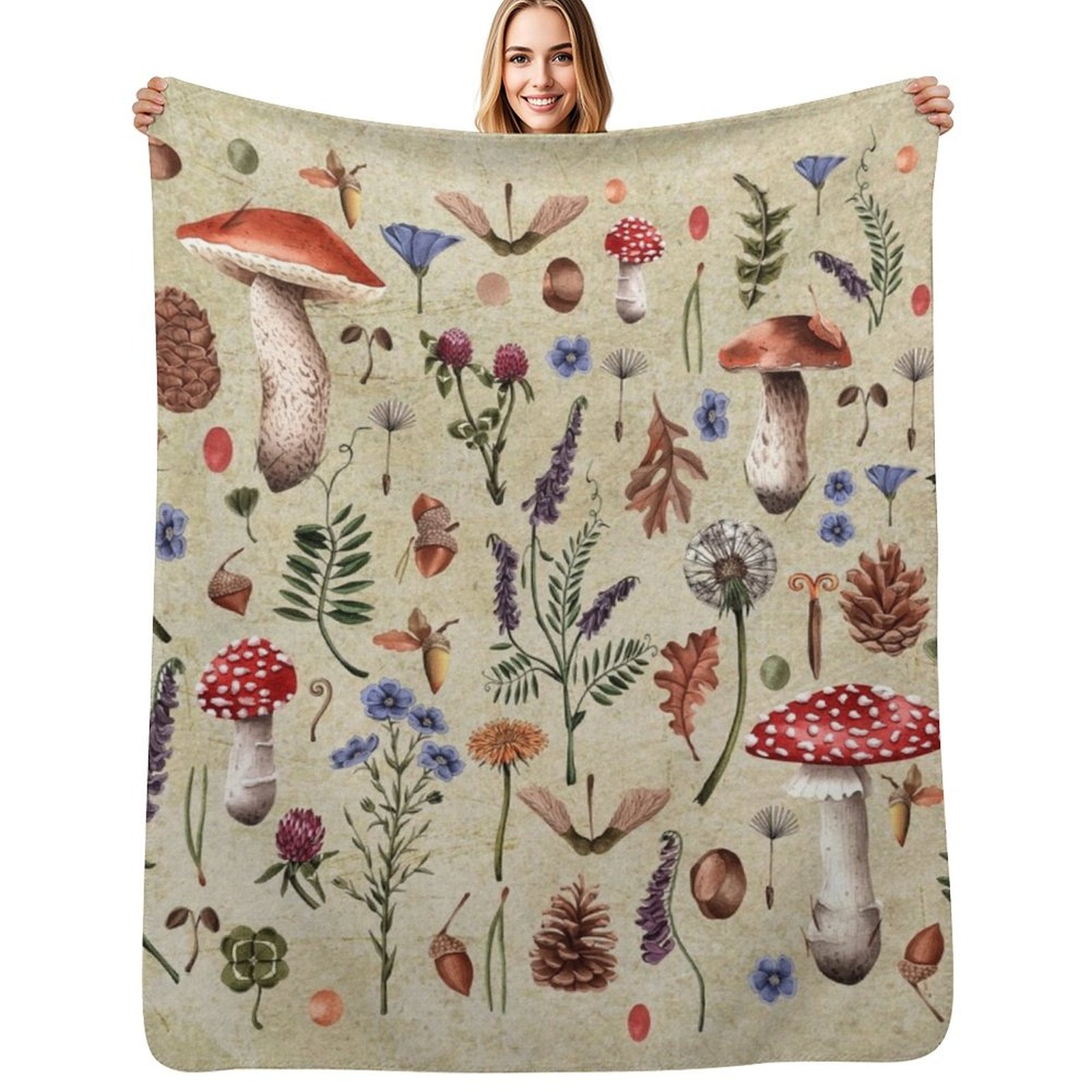 Neutral Throw Blanket - Hongos botánicos retro, flores silvestres d?