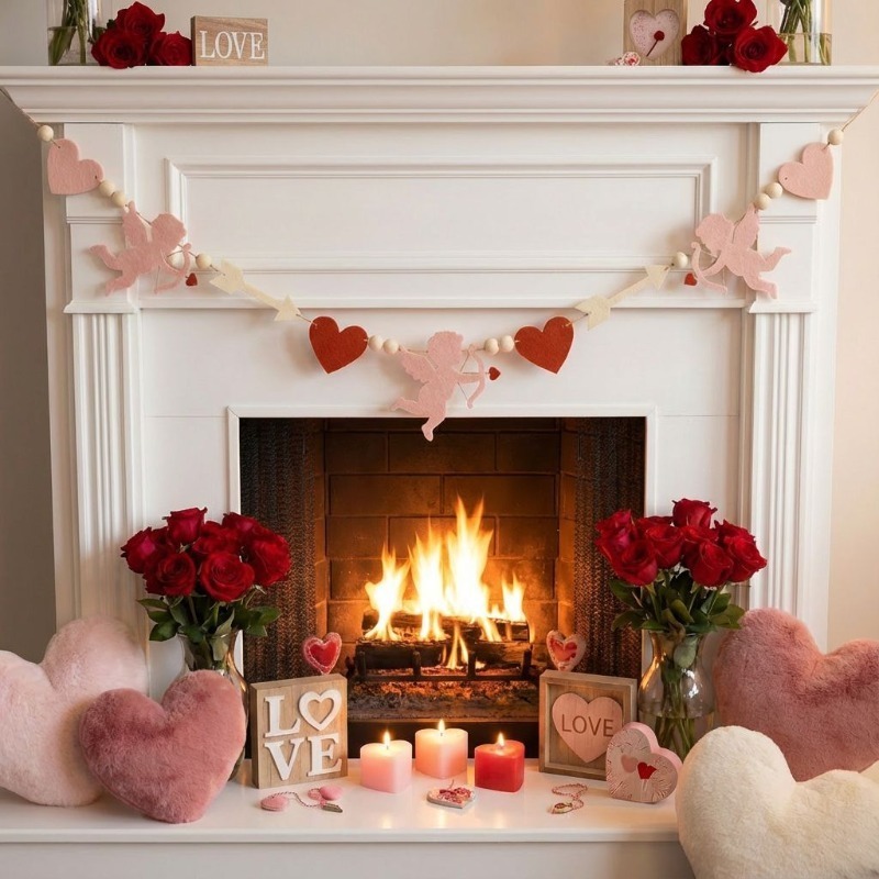 Home Decor Garland - Guirnalda de fieltro de corazón rojo