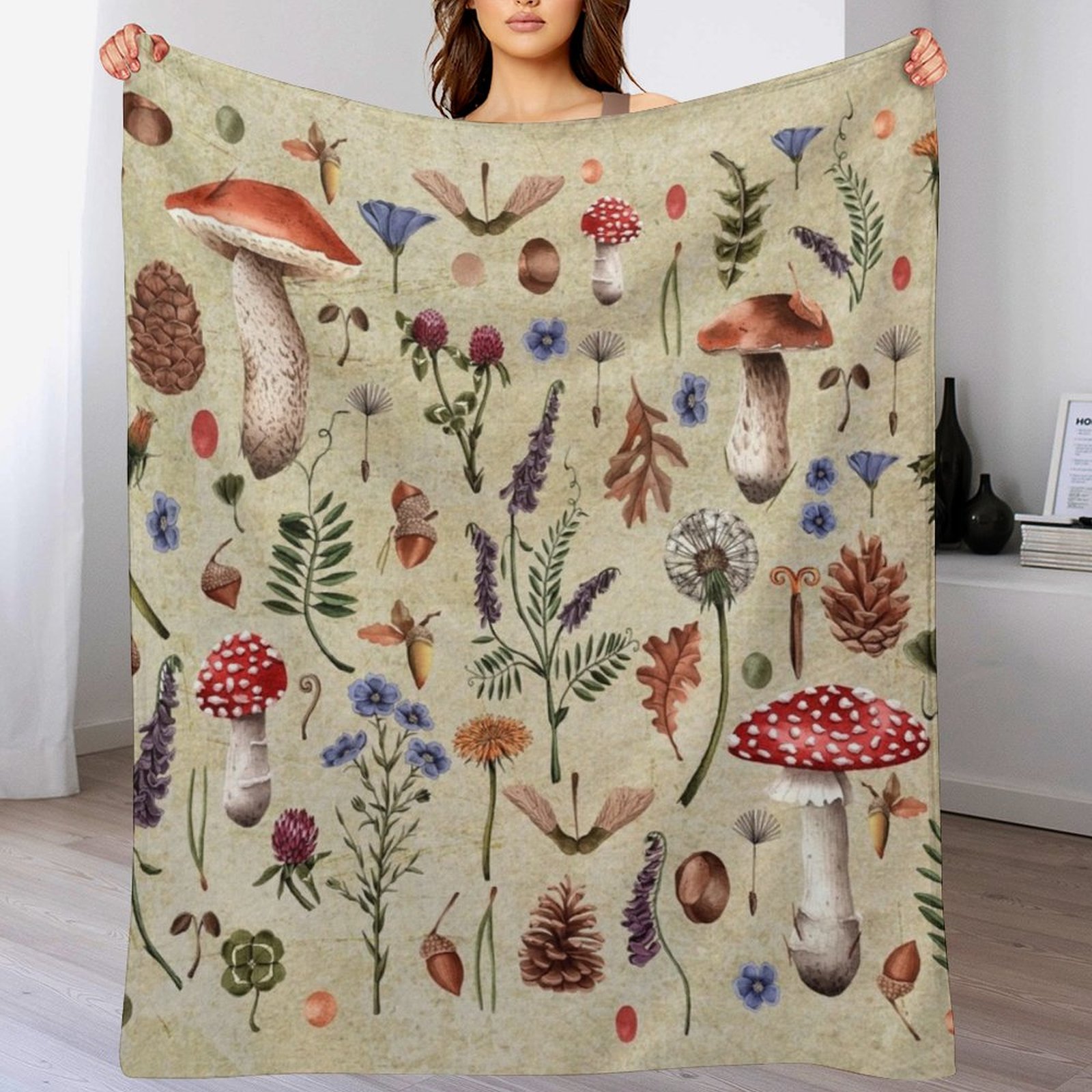 Hongos botánicos retro, flores - Neutral Throw Blanket reseña y precio