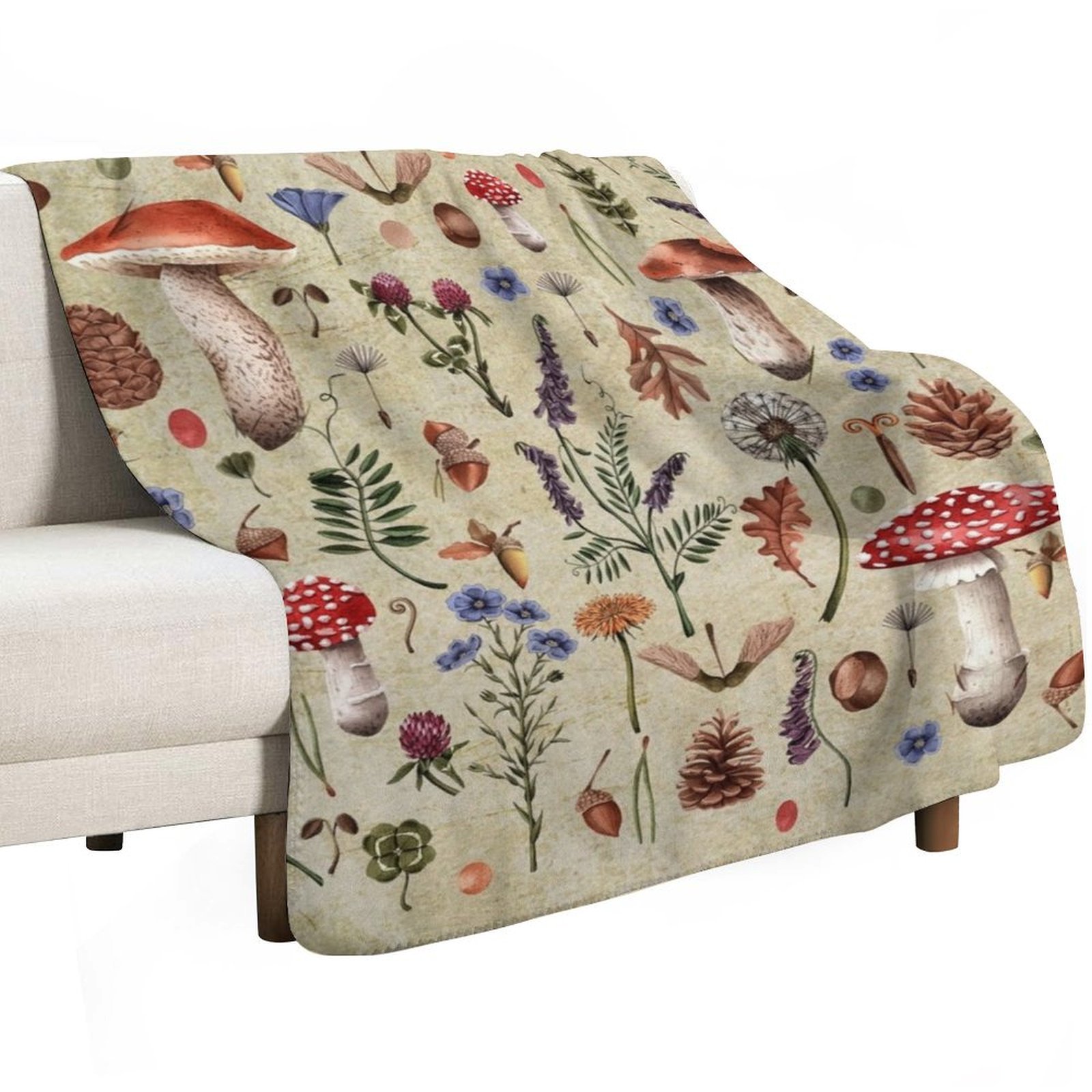 Hongos botánicos retro, flores - Neutral Throw Blanket reseña y precio